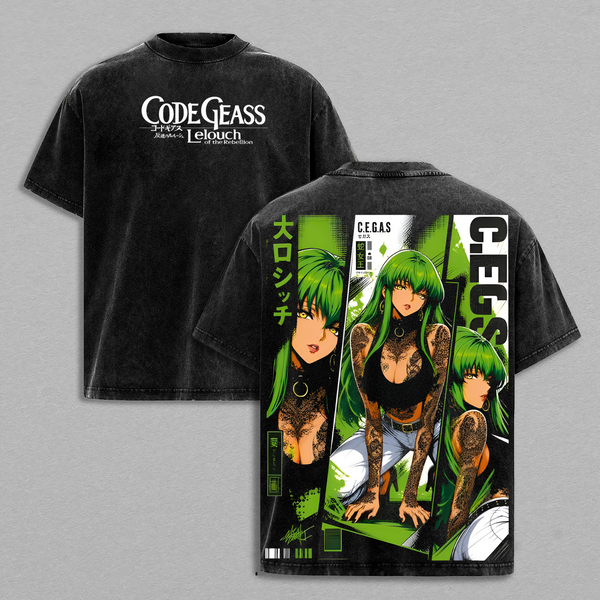 C.C. Code Geass T-Shirt, C2 Anime Graphic Tee, Vintage Washed Oversized Heavyweight Cotton Shirt, Unisex Anime Streetwear, Japanese Anime Fashion Top, Gift for Code Geass Fans