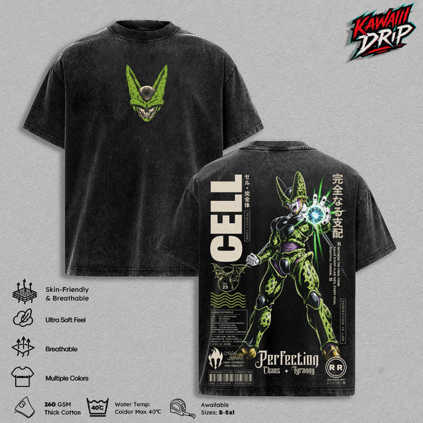 Perfect Cell DBZ Vintage Washed T-Shirt - Cell Perfect Form Graphic Tee DBZ Anime Streetwear Shirt DBZ Manga Oversized Heavy Cotton Unisex Tee Retro Graphic Gift for Men & Women