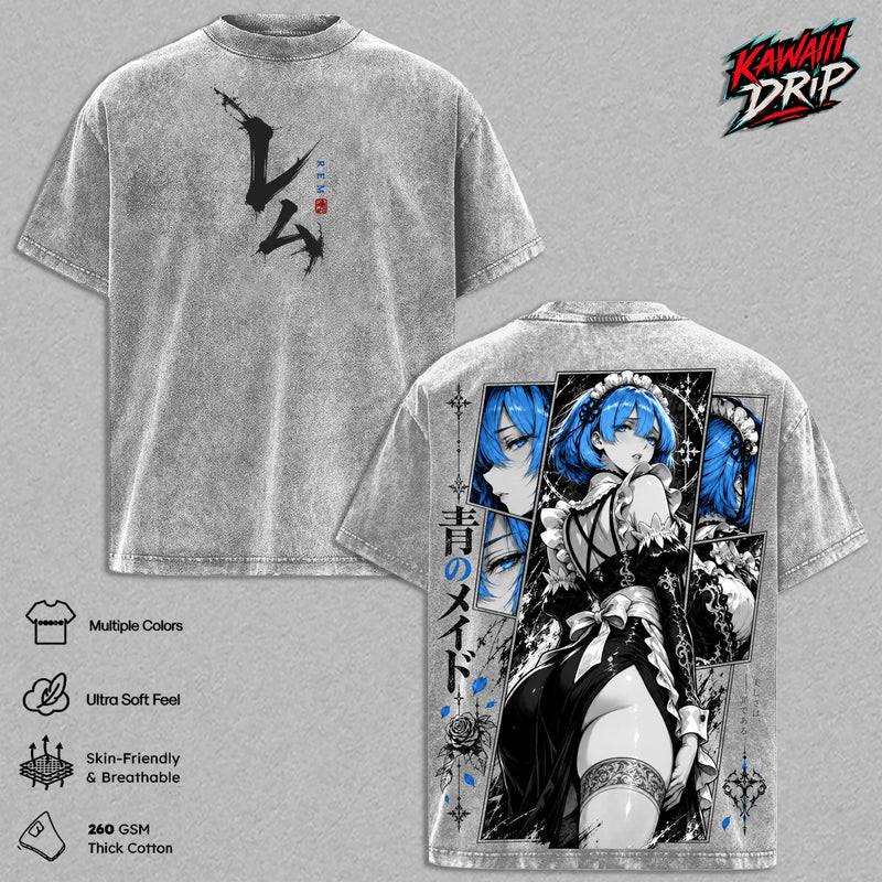 Rem Re Zero Vintage Washed T Shirt Anime Graphic Tee Re Zero Starting Life in Another World Oversized Streetwear Cotton Tshirt Classic Menswear Clothes Apparel Gift for Rem Fans Men & Women