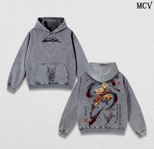 Aang Avatar Hoodie, Avatar The Last Airbender Washed Hoodie, Elemental Power Graphic Hoodie
