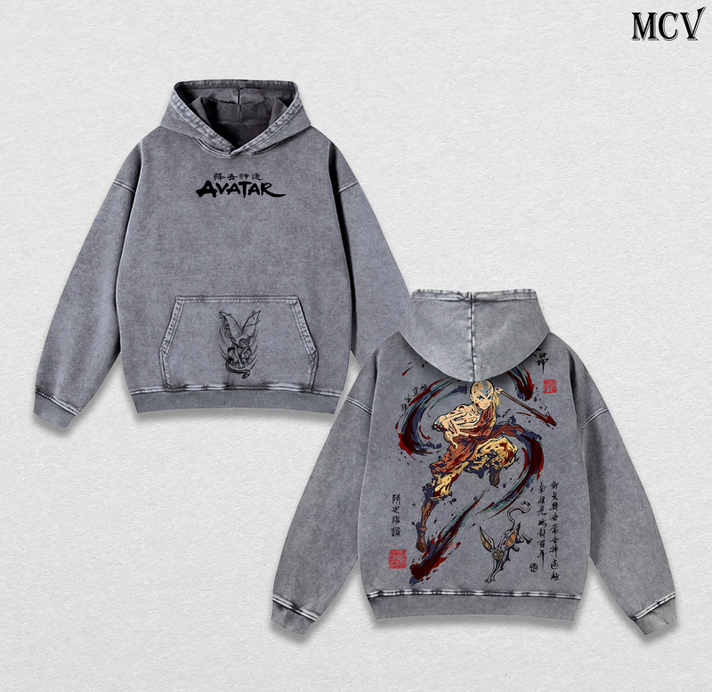 Aang Avatar Hoodie, Avatar The Last Airbender Washed Hoodie, Elemental Power Graphic Hoodie