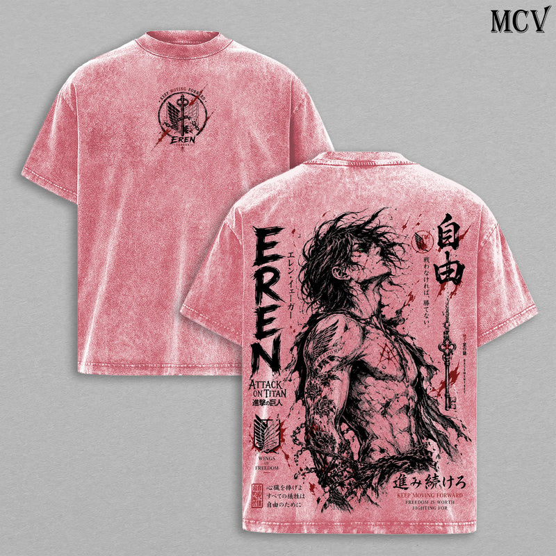 Eren Yeager Attack on Titan Vintage Washed Tee – Eren Yeager Gothic Tattoo Art T-Shirt | Japanese Irezumi Blackwork Graphic Tee | Heavy Cotton Unisex Oversized Streetwear Top | Founding Titan Anime Manga Graphic Tee