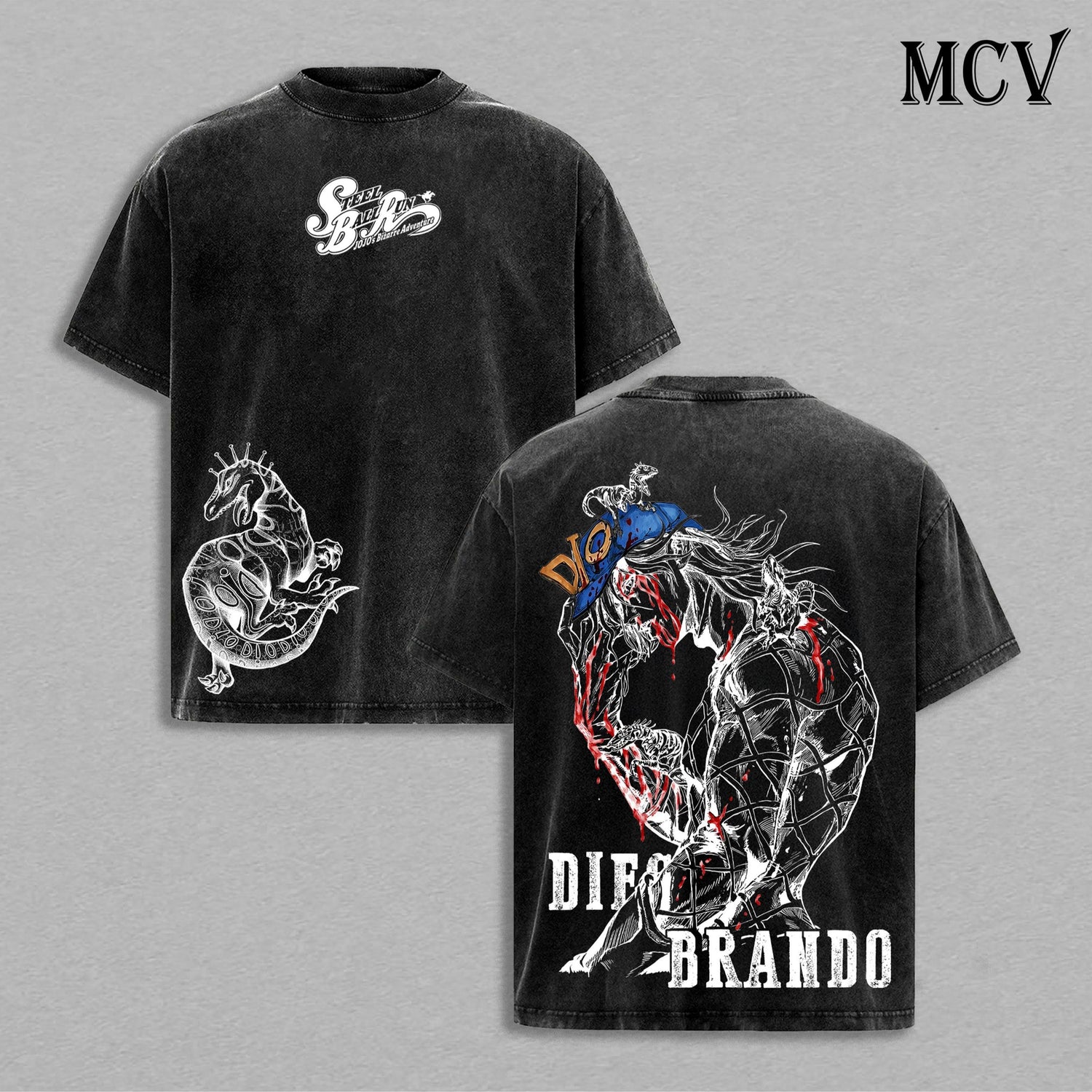 Diego Brando Steel Ball Run Anime Vintage Washed T-Shirt, Dinosaur Rider Graphic Tee, Manga Streetwear Heavy Cotton