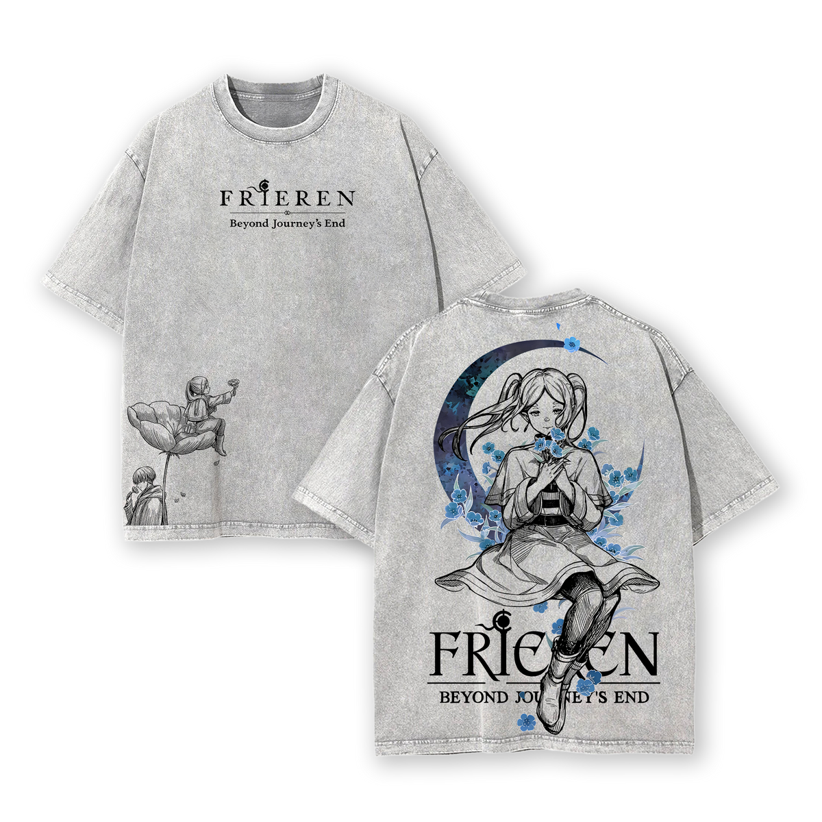 Frieren Beyond Journey’s End Tee & Hoodie Washed, Vintage Washed Heavy Cotton Oversized Anime Manga Hoodie T-Shirt Set, Retro Unisex Streetwear Graphic Top, Fantasy Healing Journey Edition, Japanese Anime Merch