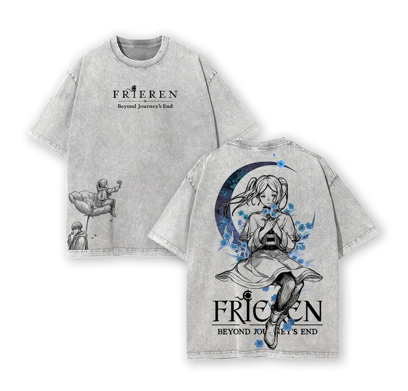Frieren Beyond Journey’s End Tee & Hoodie Washed, Vintage Washed Heavy Cotton Oversized Anime Manga Hoodie T-Shirt Set, Retro Unisex Streetwear Graphic Top, Fantasy Healing Journey Edition, Japanese Anime Merch