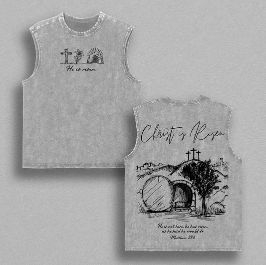 Christ Is Risen Matthew 28:6 Vintage Washed Oversized Christian T-Shirt, Heavy Cotton Faith Cross Resurrection Graphic Tee, Easter Jesus Tomb Scripture Streetwear Shirt, Unisex Religious Gift for Believers