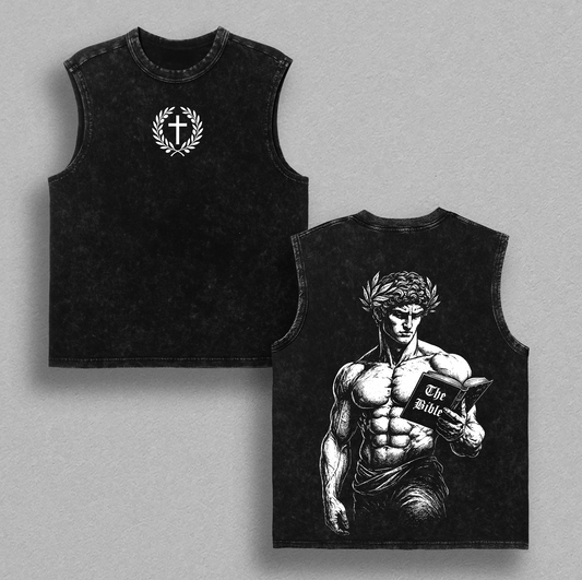 David With Bible Christian T-Shirt | Vintage Washed Oversized Faith Tee | Strength Through Scripture | Religious Streetwear | Cross Laurel Victory Design Jesus Apparel Christian Bible Verse