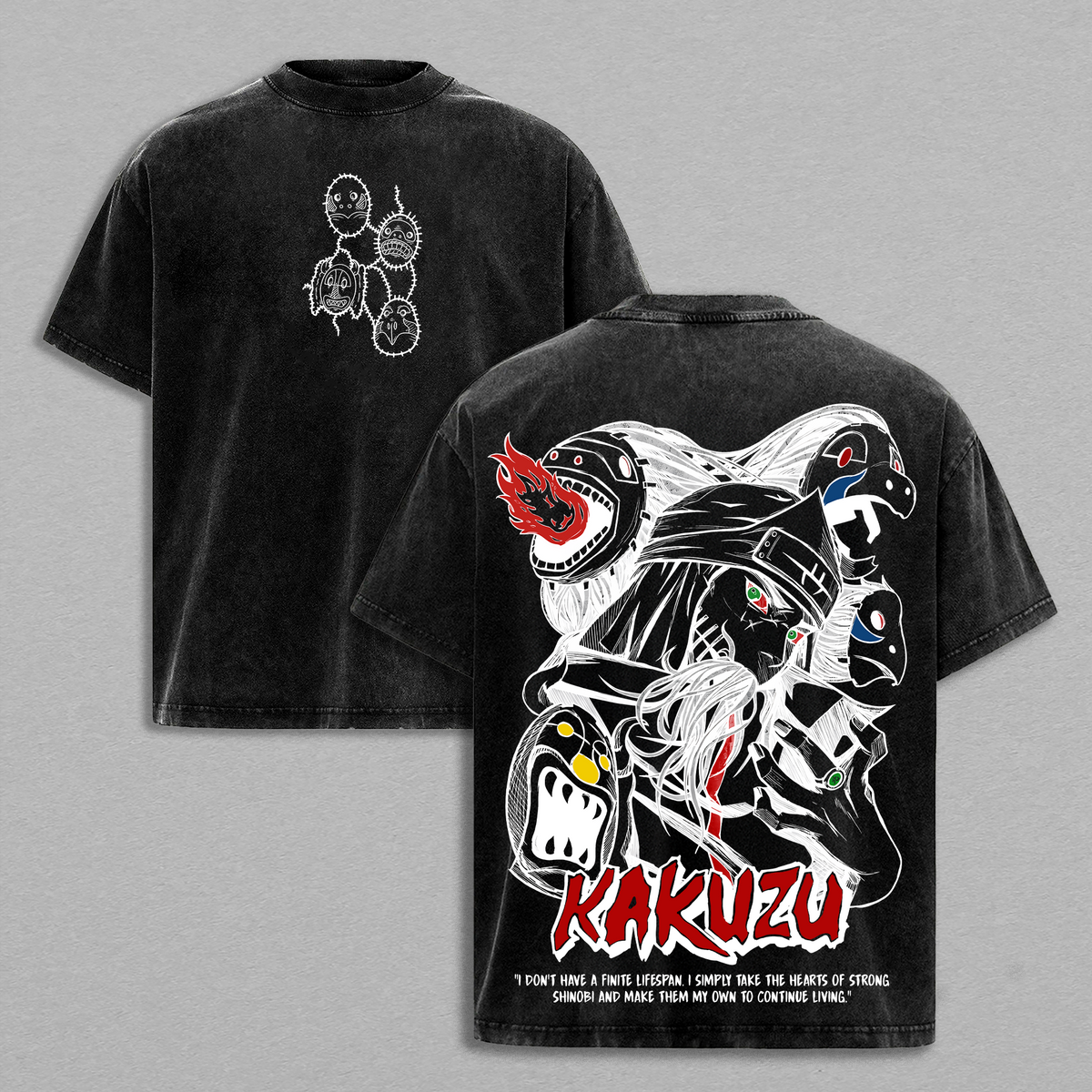 Kakuzu Tee Washed – Naruto Anime Vintage Washed Heavy Cotton Oversized Manga T-Shirt & Hoodie, Double Printed Retro Unisex Streetwear Graphic Top, Akatsuki Dark Ninja Multi-Heart Fighter Edition