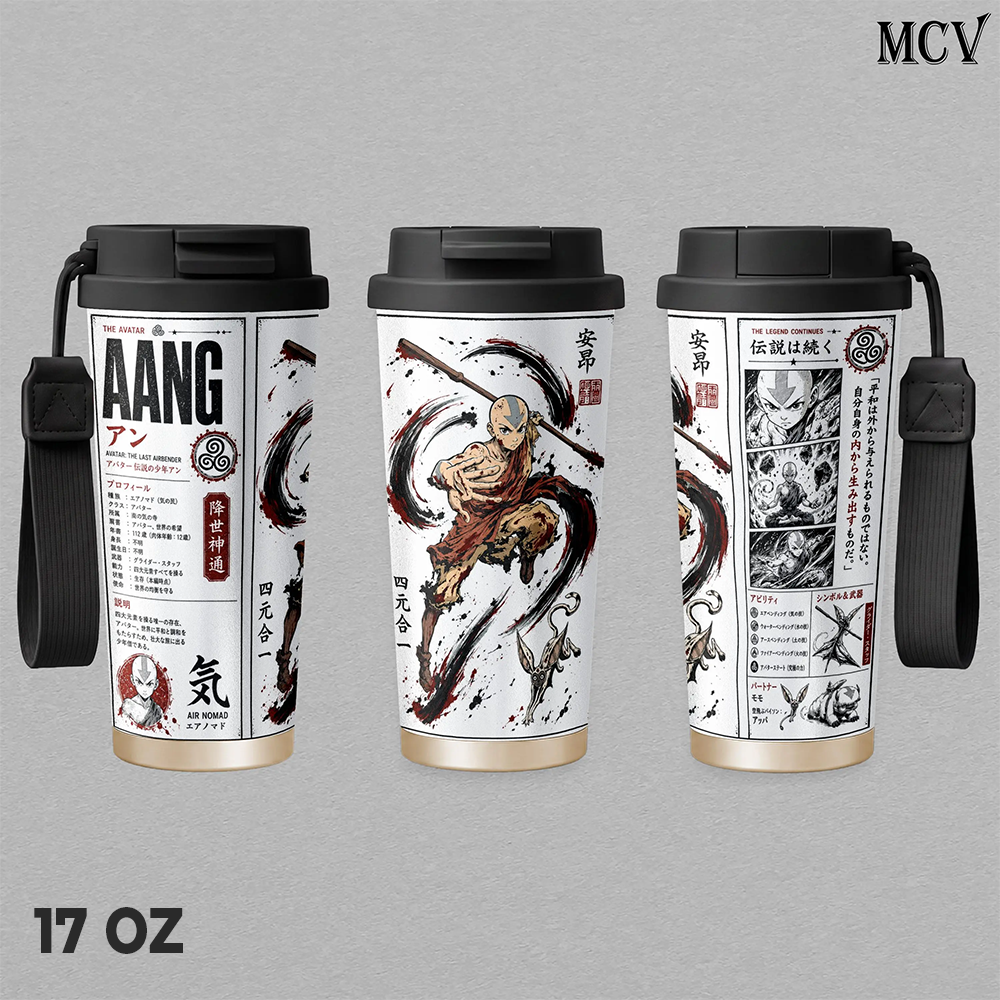Aang Avatar The Last Airbender Tumbler 17oz 24oz 30oz, Premium Insulated Stainless Steel Travel Mug with Lid and Handle, Aang Airbender Anime Graphic Design, Reusable Coffee Water Cup, Gift for Avatar Fans