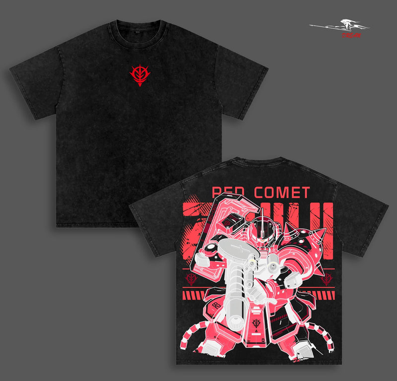 MS-06S Zaku Red – Mobile Suit Gundam Anime Double Printed Vintage Washed Tee Unisex Oversize Anime Manga Washed Heavyweight Cotton T-shirt
