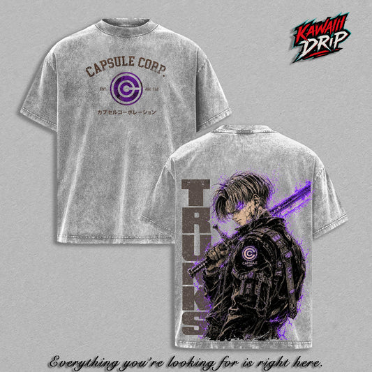 Future Trunks Capsule Corp Graphic Tee Vintage Washed Shirt Anime T-Shirt Saiyan Warrior Streetwear Tee DBZ Oversized Heavy Cotton Unisex Apparel Gift for DBZ Fans and Anime Lovers