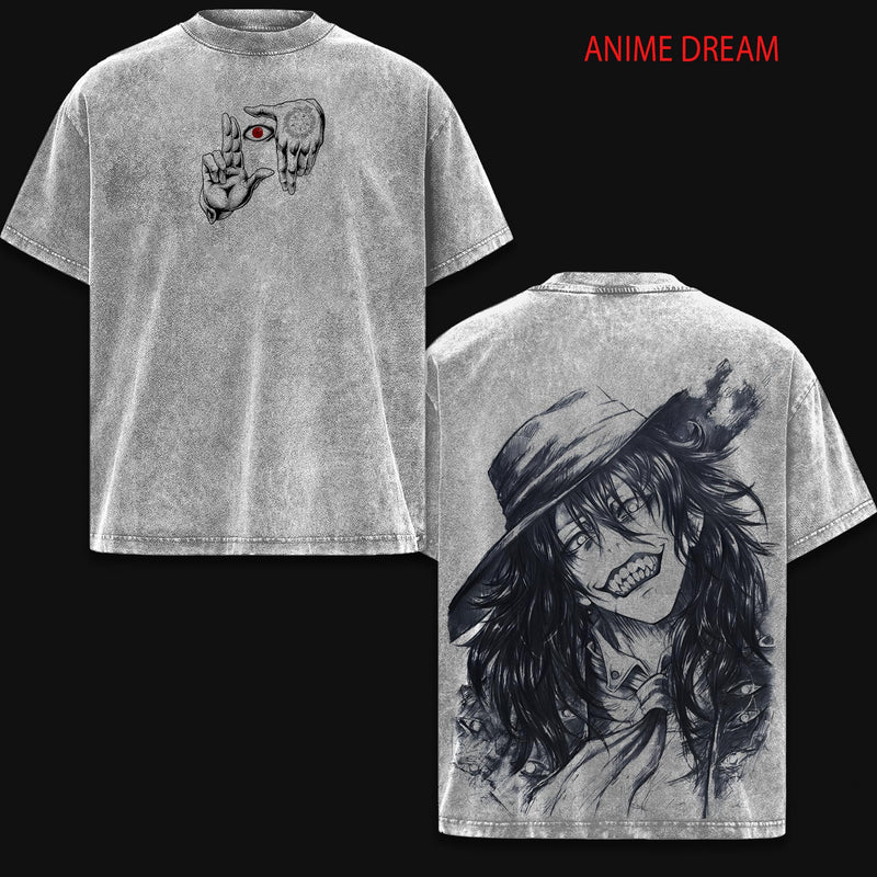 Alucard Hellsing Anime Double Printed Vintage Washed Tee Unisex Oversize Anime Manga Washed Heavyweight Cotton T-shirt