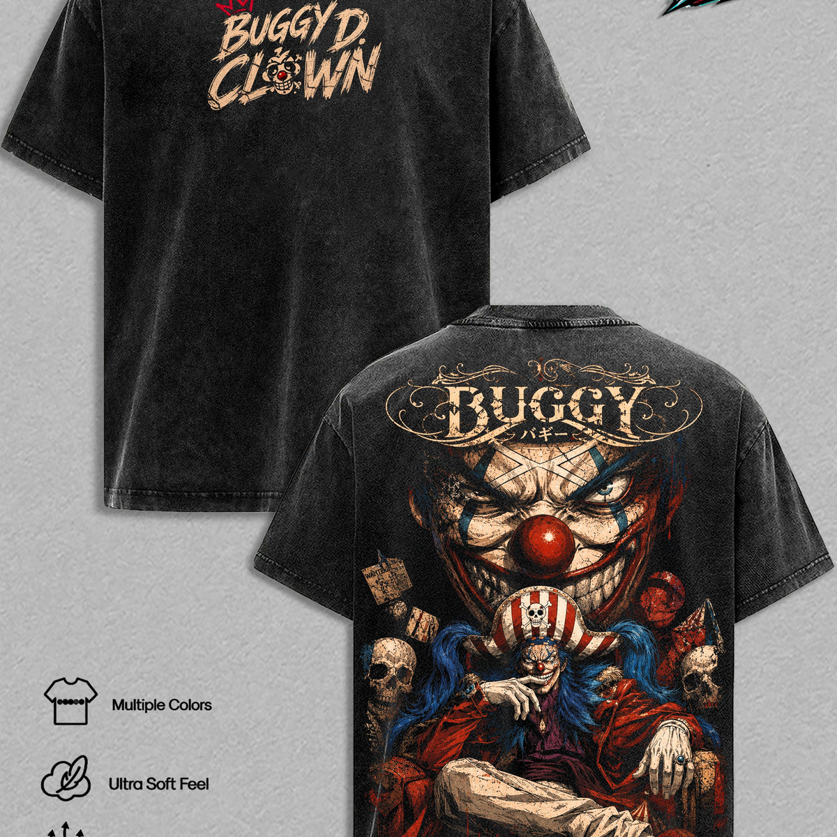 Buggy One Piece Vintage Washed Tshirt - Anime Graphic Tee Heavyweight Cotton Oversized Streetwear Top Unisex Manga Shirt Pirate Anime Gift For One Piece Fans Men & Women Apparel Classic Tee