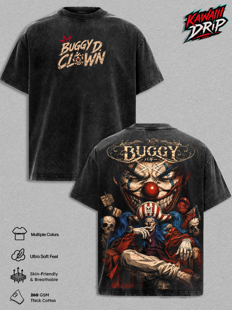 Buggy One Piece Vintage Washed Tshirt - Anime Graphic Tee Heavyweight Cotton Oversized Streetwear Top Unisex Manga Shirt Pirate Anime Gift For One Piece Fans Men & Women Apparel Classic Tee