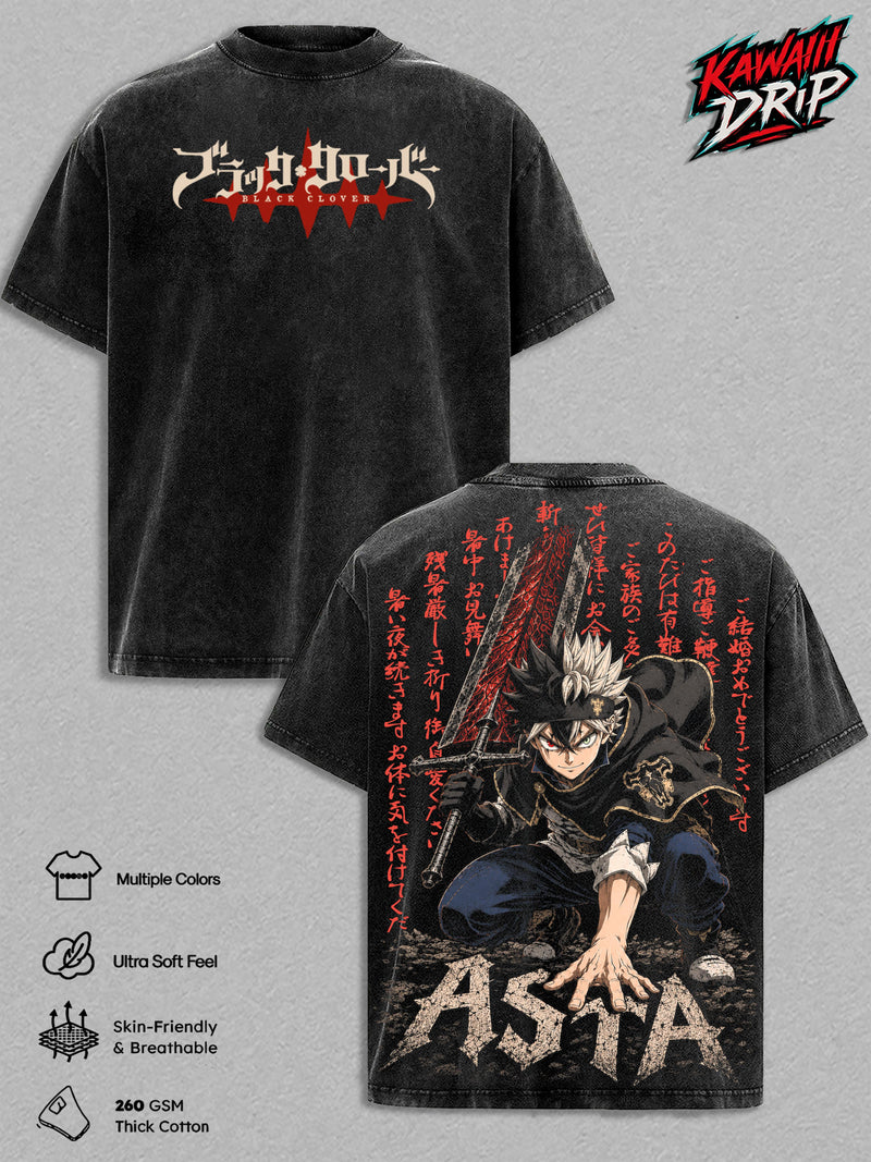 Asta Black Clover Vintage Washed Graphic T Shirt, Heavyweight 260 GSM Cotton Tee, Soft Breathable Oversized Anime Streetwear Shirt, Comfortable Casual Wear, Gift for Black Clover Fans Men Women