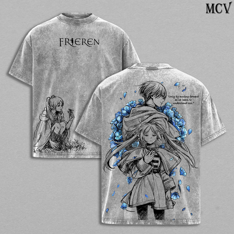 Frieren Memories of Journey – Beyond Journey’s End Vintage Washed Anime Graphic T-Shirt Emotional Fantasy Streetwear