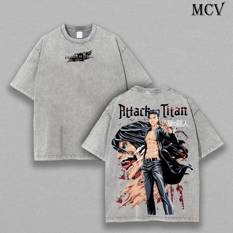 Eren Yeager Titan Awakening – Attack on Titan Vintage Washed Heavyweight Cotton Anime Graphic T-Shirt Streetwear