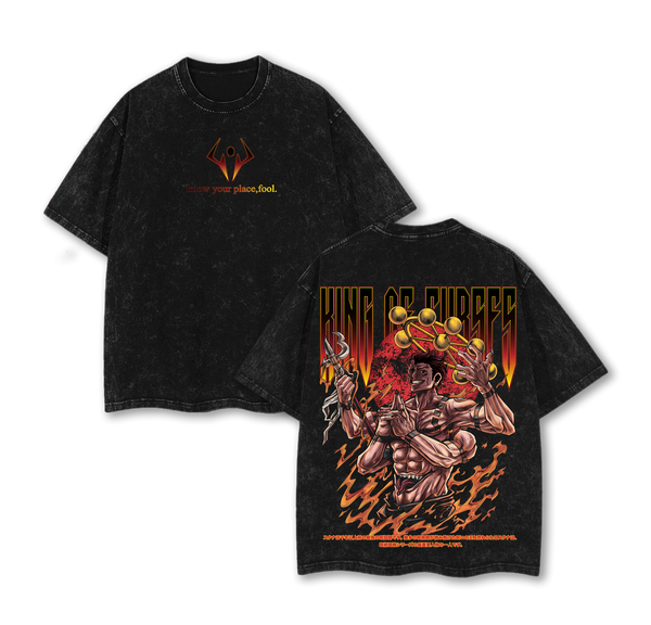 BLACK - TSW - King of Curses Washed Tee | Inspired by Sukuna from Jujutsu World | “Know Your Place, Fool” Graphic | Vintage Anime Streetwear for Dark Aesthetic Fans | Oversized Heavy Cotton T-Shirt