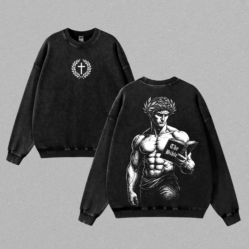 David With Bible Christian T-Shirt | Vintage Washed Oversized Faith Tee | Strength Through Scripture | Religious Streetwear | Cross Laurel Victory Design Jesus Apparel Christian Bible Verse