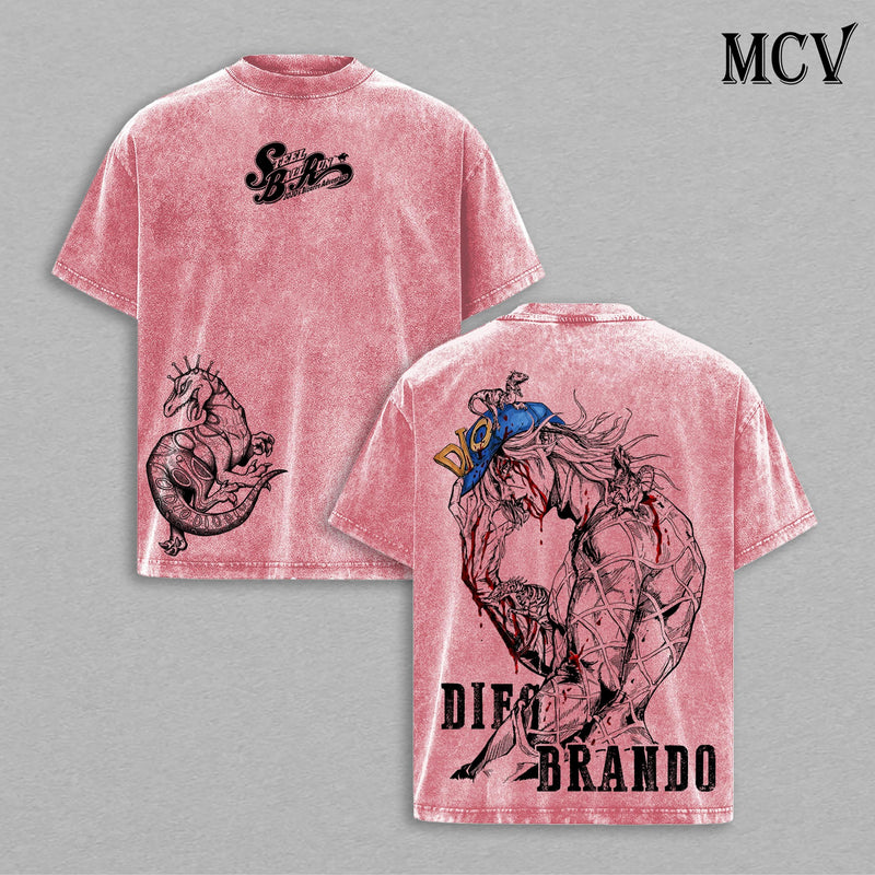 Diego Brando Steel Ball Run Anime Vintage Washed T-Shirt, Dinosaur Rider Graphic Tee, Manga Streetwear Heavy Cotton
