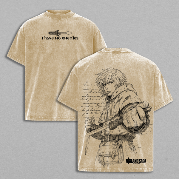 Thorfinn - Vinland Saga Vintage Washed Oversized Anime T-Shirt, Heavyweight Cotton Streetwear Graphic Tee, Retro Manga Line Art Back Print, Unisex Loose Fit Japanese Anime Shirt, Classic Anime Streetwear Gift for Fans
