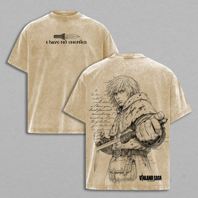 Thorfinn - Vinland Saga Vintage Washed Oversized Anime T-Shirt, Heavyweight Cotton Streetwear Graphic Tee, Retro Manga Line Art Back Print, Unisex Loose Fit Japanese Anime Shirt, Classic Anime Streetwear Gift for Fans