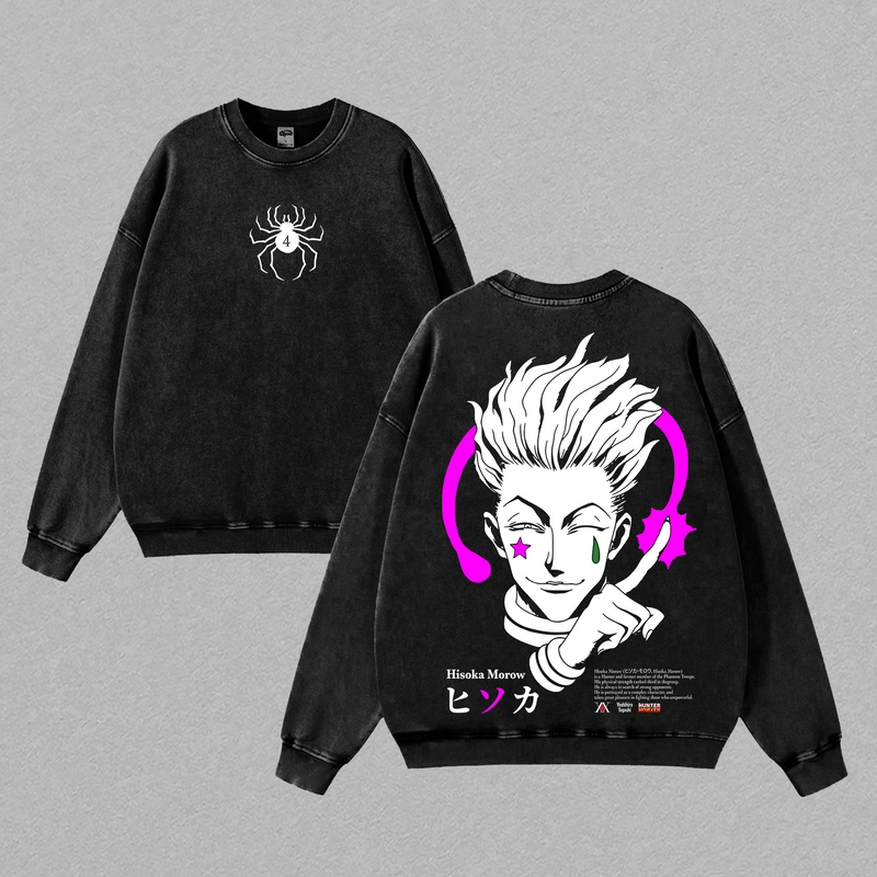 Hisoka Hunter x Hunter Vintage Tee Double Printed Washed Shirt Oversize Anime Manga Style Heavy Cotton Menswear Top Unisex T-Shirt