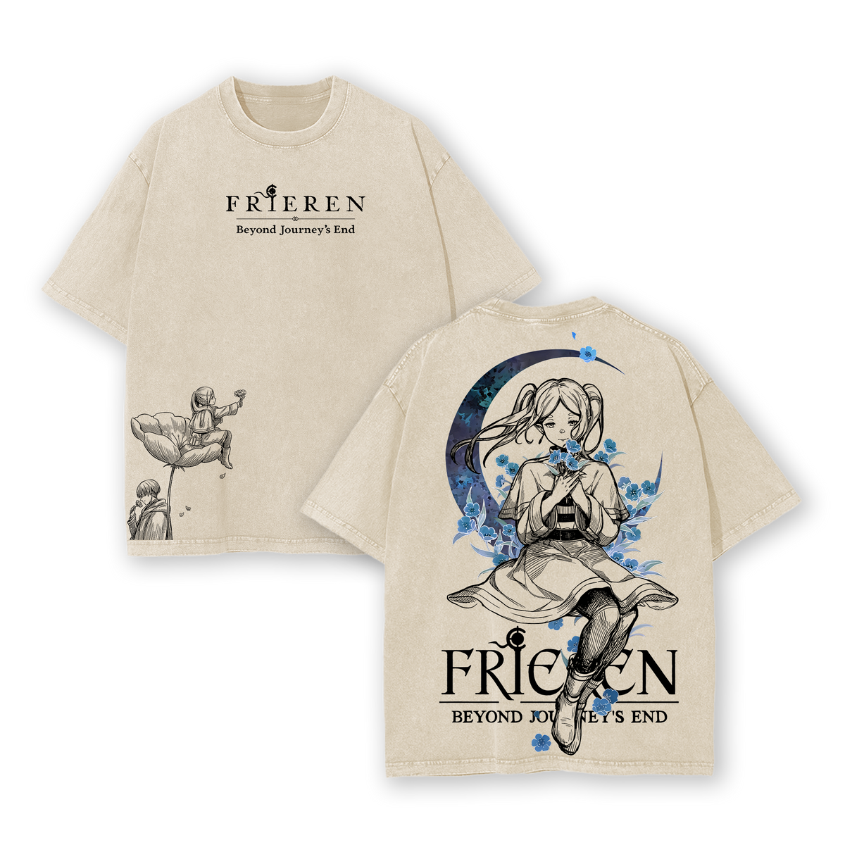 Frieren Beyond Journey’s End Tee & Hoodie Washed, Vintage Washed Heavy Cotton Oversized Anime Manga Hoodie T-Shirt Set, Retro Unisex Streetwear Graphic Top, Fantasy Healing Journey Edition, Japanese Anime Merch