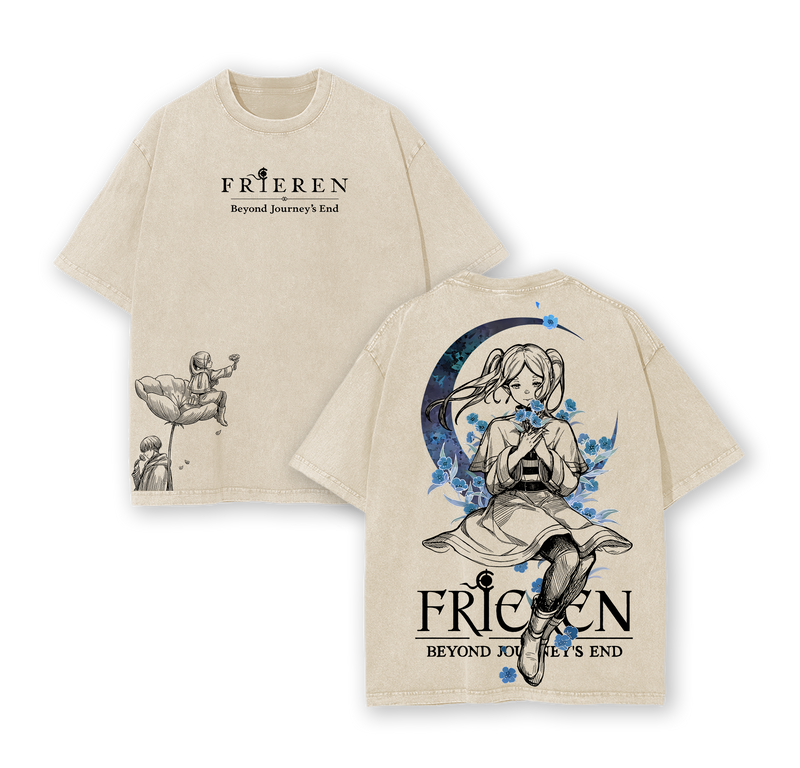 Frieren Beyond Journey’s End Tee & Hoodie Washed, Vintage Washed Heavy Cotton Oversized Anime Manga Hoodie T-Shirt Set, Retro Unisex Streetwear Graphic Top, Fantasy Healing Journey Edition, Japanese Anime Merch