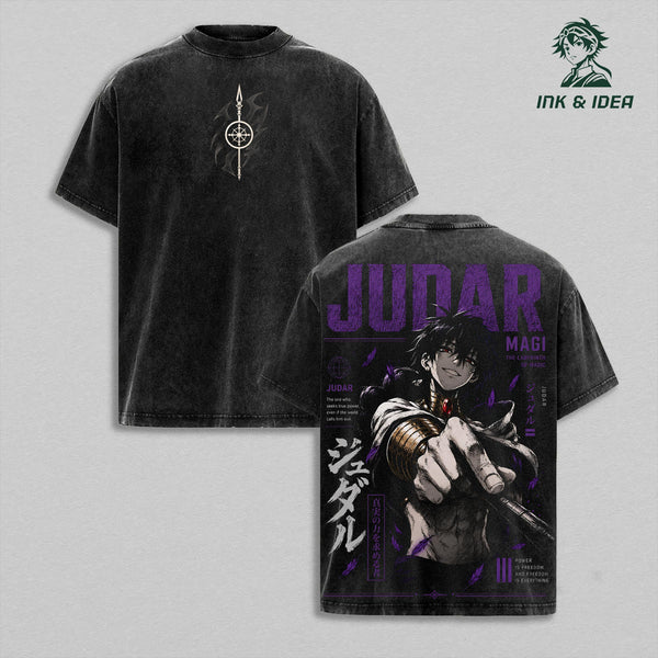 Judar Magi: The Labyrinth of Magic Vintage Washed Heavyweight Cotton T-Shirt, Black Magi Dark Mage Anime Graphic Tee, Double Sided Oversized Streetwear Shirt, Al-Thamen Sorcerer Manga Unisex Fan Gift