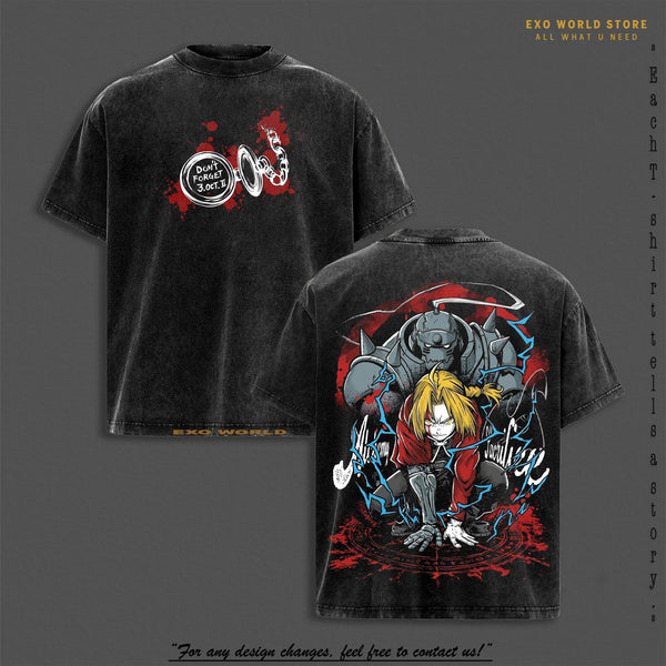 Edward x Alphonse Tee Washed – Fullmetal Alchemist Vintage Washed Heavy Cotton Oversized Anime Manga T-Shirt & Hoodie Double Printed Retro Unisex Streetwear Alchemy Brothers Eternal Bond Edition Perfect Gift for Anime Fans