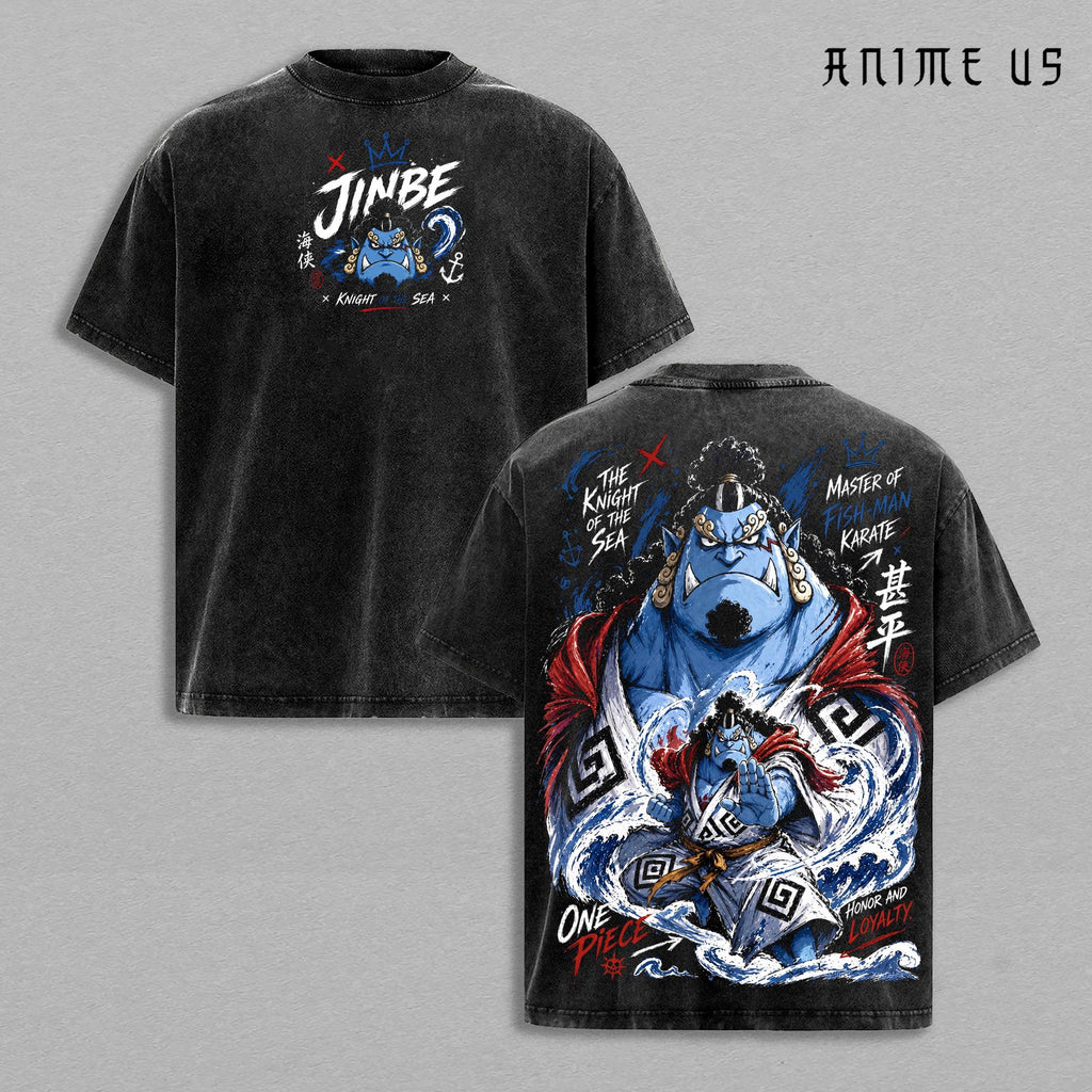 Jinbe One Piece Knight of the Sea Fish-Man Karate Anime Vintage Washed Oversized Graphic Tee Manga Streetwear Heavyweight Cotton Shirt