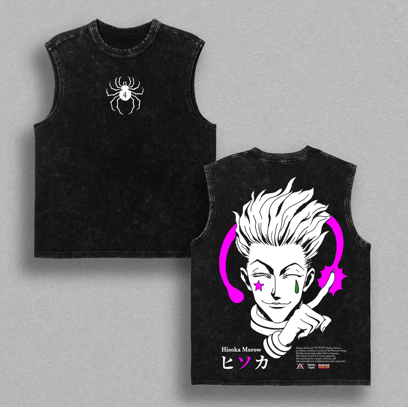 Hisoka Hunter x Hunter Vintage Tee Double Printed Washed Shirt Oversize Anime Manga Style Heavy Cotton Menswear Top Unisex T-Shirt