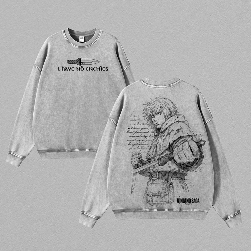 Thorfinn - Vinland Saga Vintage Washed Oversized Anime T-Shirt, Heavyweight Cotton Streetwear Graphic Tee, Retro Manga Line Art Back Print, Unisex Loose Fit Japanese Anime Shirt, Classic Anime Streetwear Gift for Fans