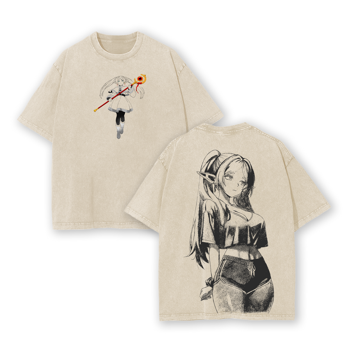 Frieren: Beyond Journey's End Anime Double Printed Vintage Washed Tee Unisex Oversize Heavyweight Cotton T-shirt for Anime Fans and Lovers