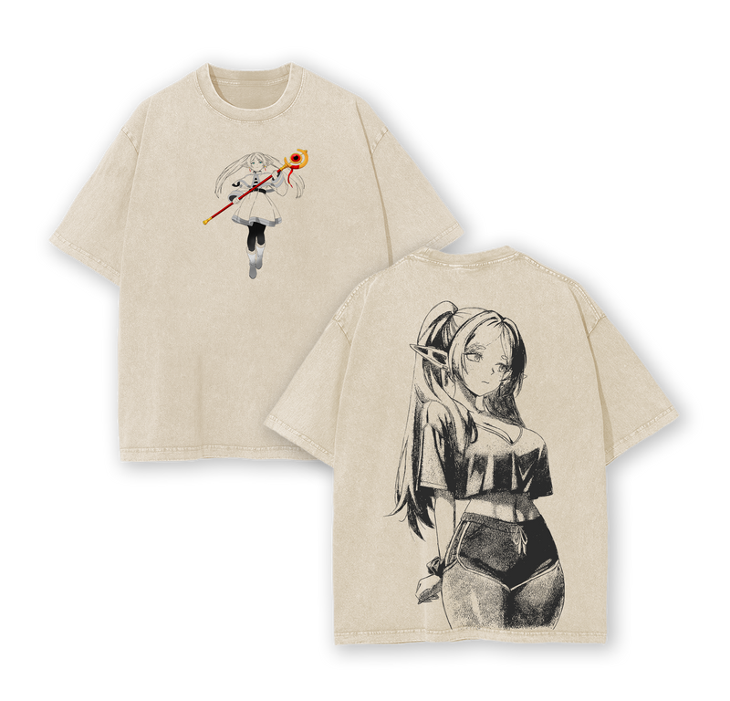 Frieren: Beyond Journey's End Anime Double Printed Vintage Washed Tee Unisex Oversize Heavyweight Cotton T-shirt for Anime Fans and Lovers