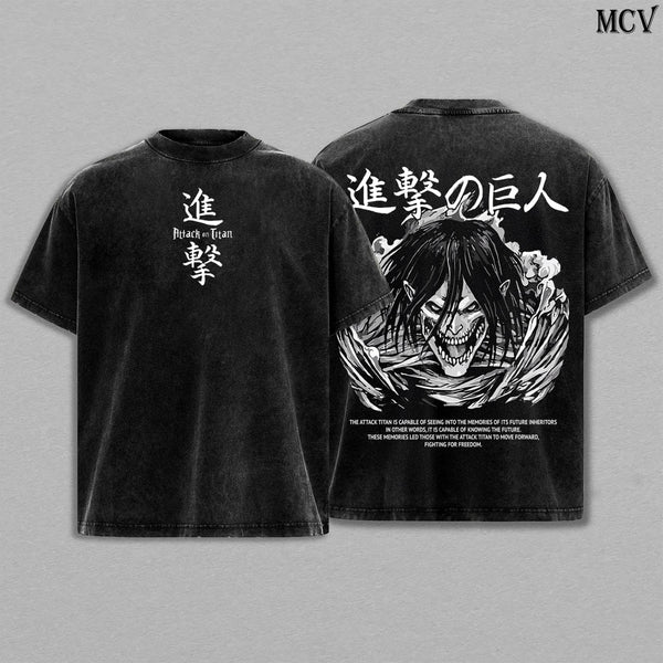 Attack Titan Eren Unleashed – Attack on Titan Vintage Washed Heavyweight Cotton Anime Graphic T-Shirt Streetwear