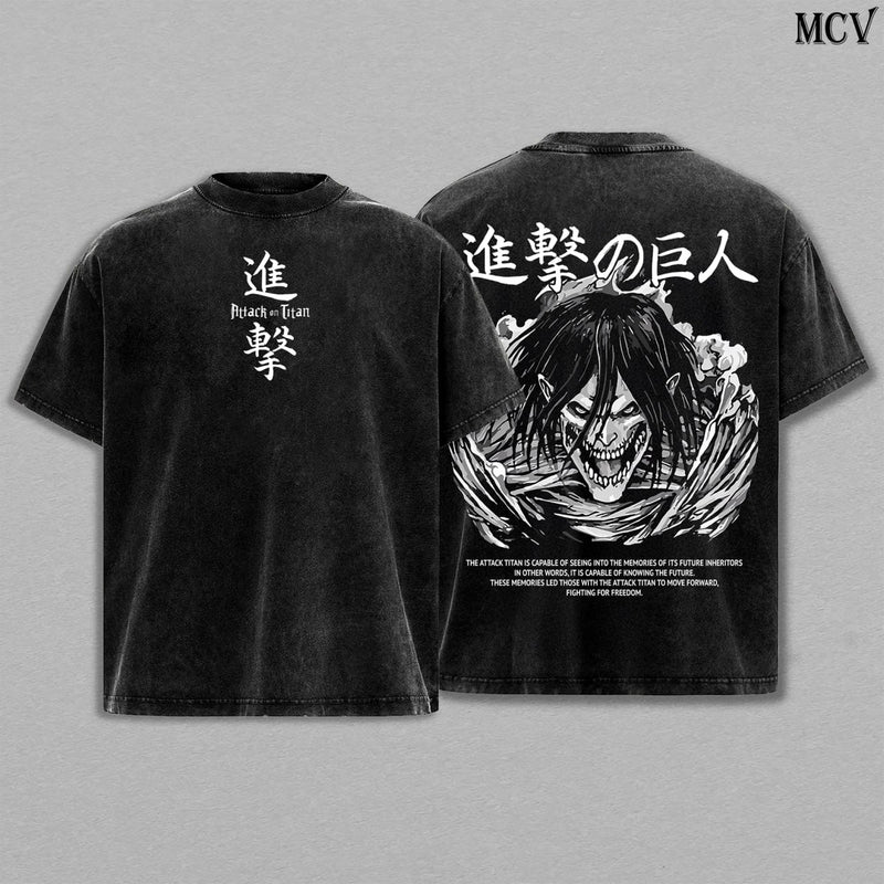 Attack Titan Eren Unleashed – Attack on Titan Vintage Washed Heavyweight Cotton Anime Graphic T-Shirt Streetwear