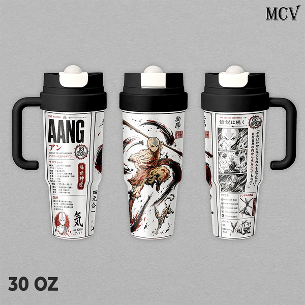 Aang Avatar The Last Airbender Tumbler 17oz 24oz 30oz, Premium Insulated Stainless Steel Travel Mug with Lid and Handle, Aang Airbender Anime Graphic Design, Reusable Coffee Water Cup, Gift for Avatar Fans