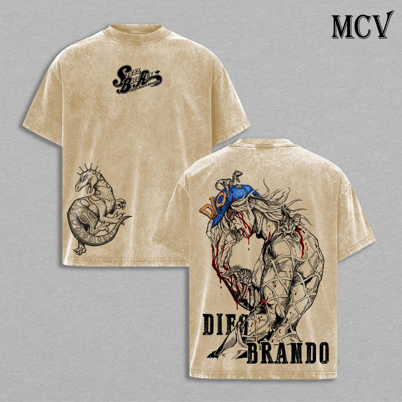 Diego Brando Steel Ball Run Anime Vintage Washed T-Shirt, Dinosaur Rider Graphic Tee, Manga Streetwear Heavy Cotton