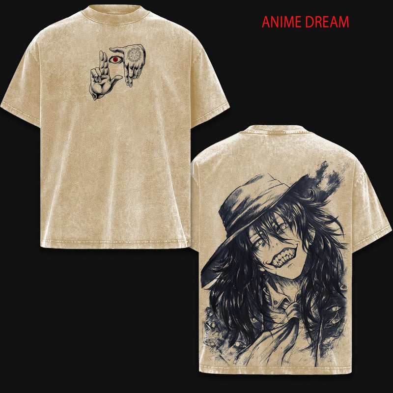 Alucard Hellsing Anime Double Printed Vintage Washed Tee Unisex Oversize Anime Manga Washed Heavyweight Cotton T-shirt