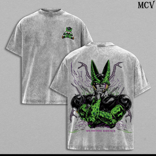 Perfect Cell DBZZ Washed Tee – Dark Anime Villain Graphic Double Printed T-Shirt, Menswear Heavy Cotton Unisex Oversize Streetwear Vintage 90s Y2K Retro