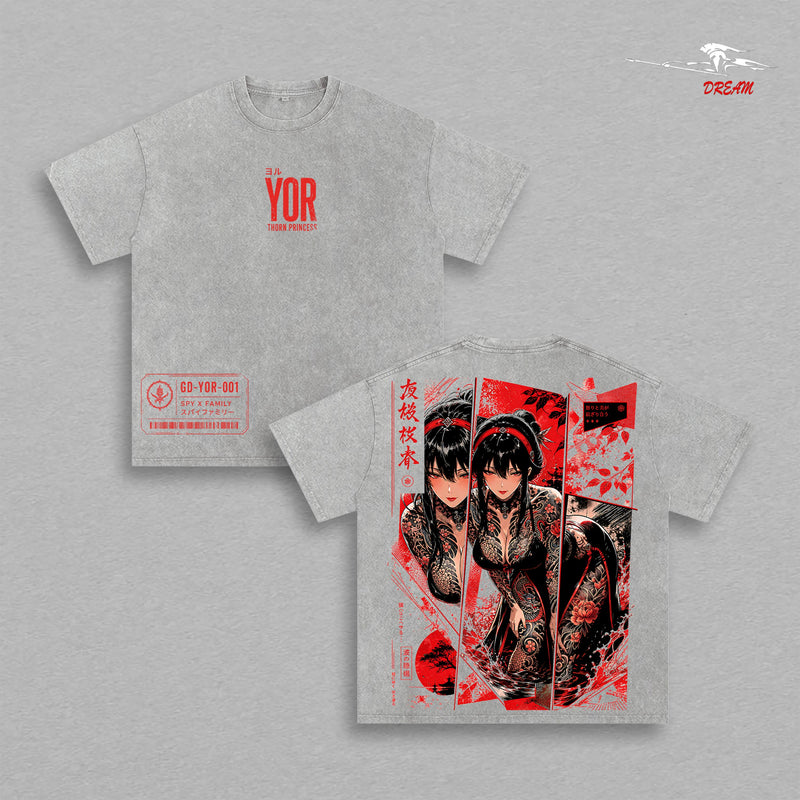 Yor Forger Spy x Family Tee – Yor Forger Vintage Washed T-Shirt | Thorn Princess | Japanese Irezumi Blackwork Tattoo | Dark Gothic Assassin Anime Graphic Tee | Heavy Cotton Unisex Oversized Streetwear Top
