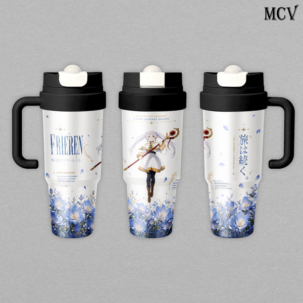 Frieren the Mage - Frieren Beyond Journey’s End Anime - Blue Floral Magic Journey Embossed Raised Art - 17oz 24oz 30oz Insulated Tumbler, Stainless Steel Water Bottle, Straw Cup, Handle Travel Mug