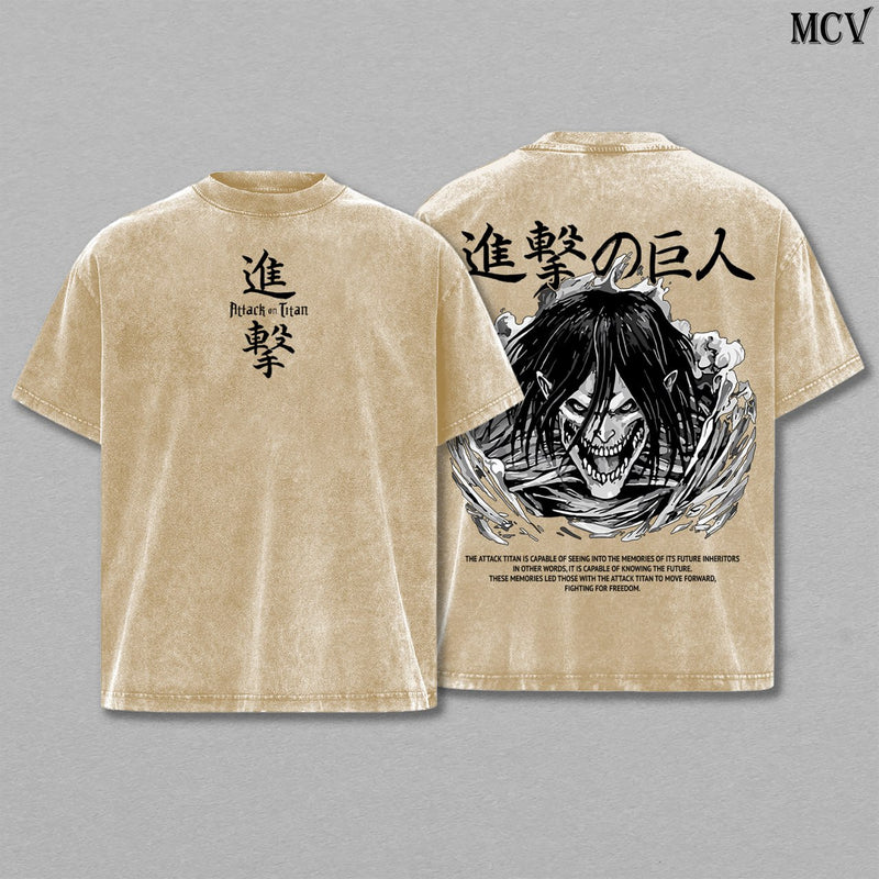 Attack Titan Eren Unleashed – Attack on Titan Vintage Washed Heavyweight Cotton Anime Graphic T-Shirt Streetwear