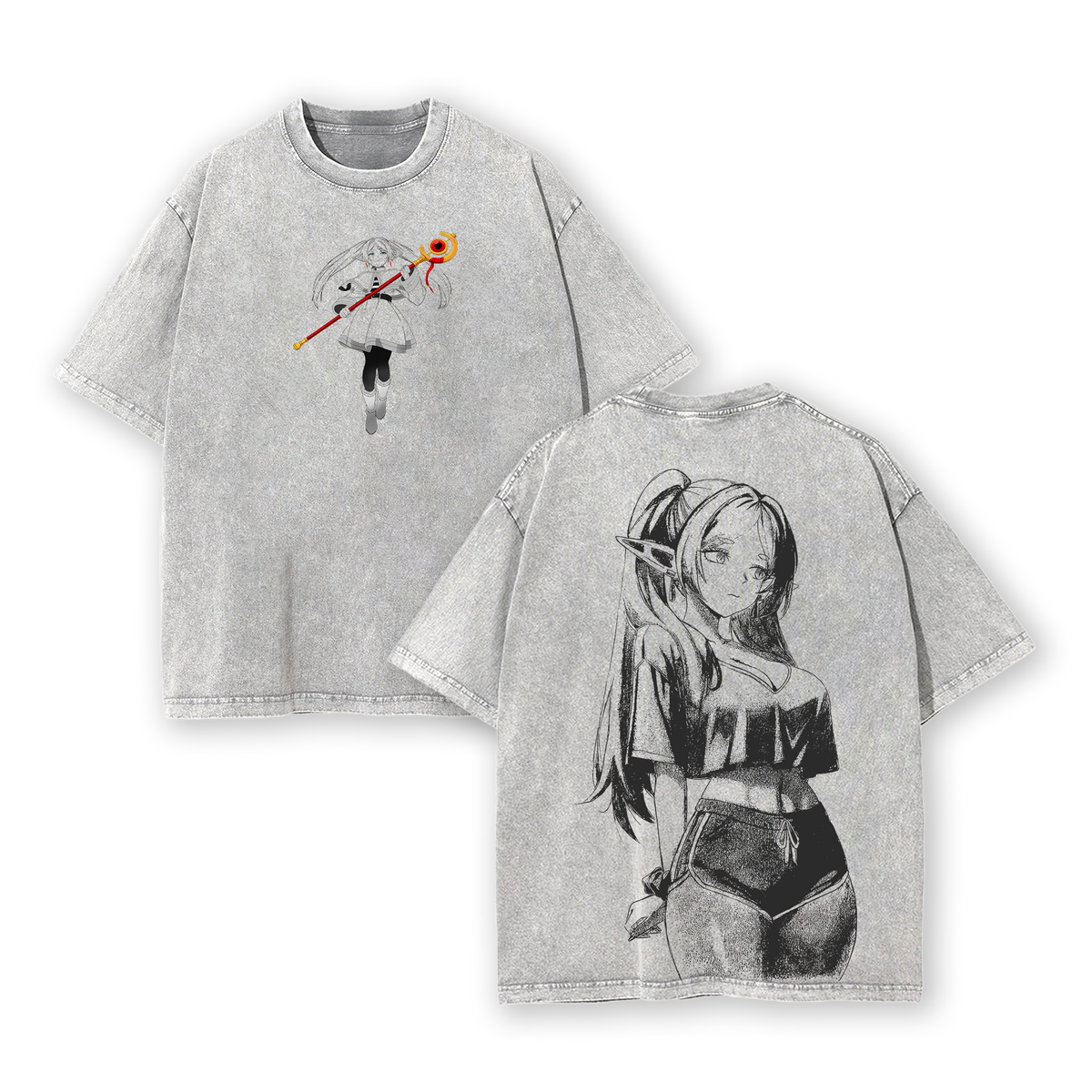 Frieren: Beyond Journey's End Anime Double Printed Vintage Washed Tee Unisex Oversize Heavyweight Cotton T-shirt for Anime Fans and Lovers