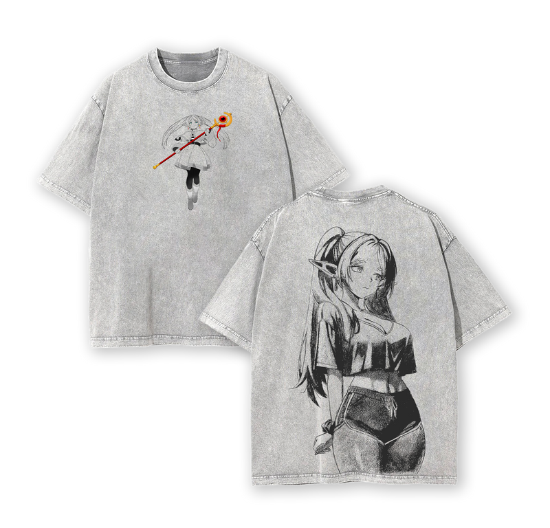 Frieren: Beyond Journey's End Anime Double Printed Vintage Washed Tee Unisex Oversize Heavyweight Cotton T-shirt for Anime Fans and Lovers