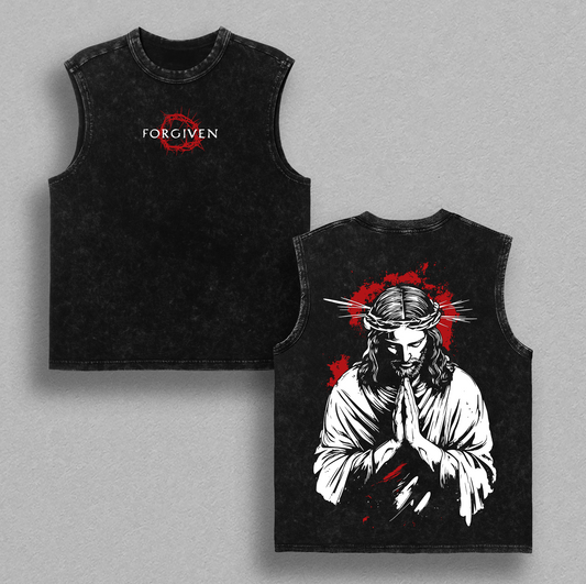 Forgiven Jesus Vintage Washed Oversized T-Shirt – Christian Graphic Tee, Praying Jesus Art Shirt, Washed Cotton Casual Streetwear, Unisex Top, Faith Inspired Apparel, Gift for Believers
