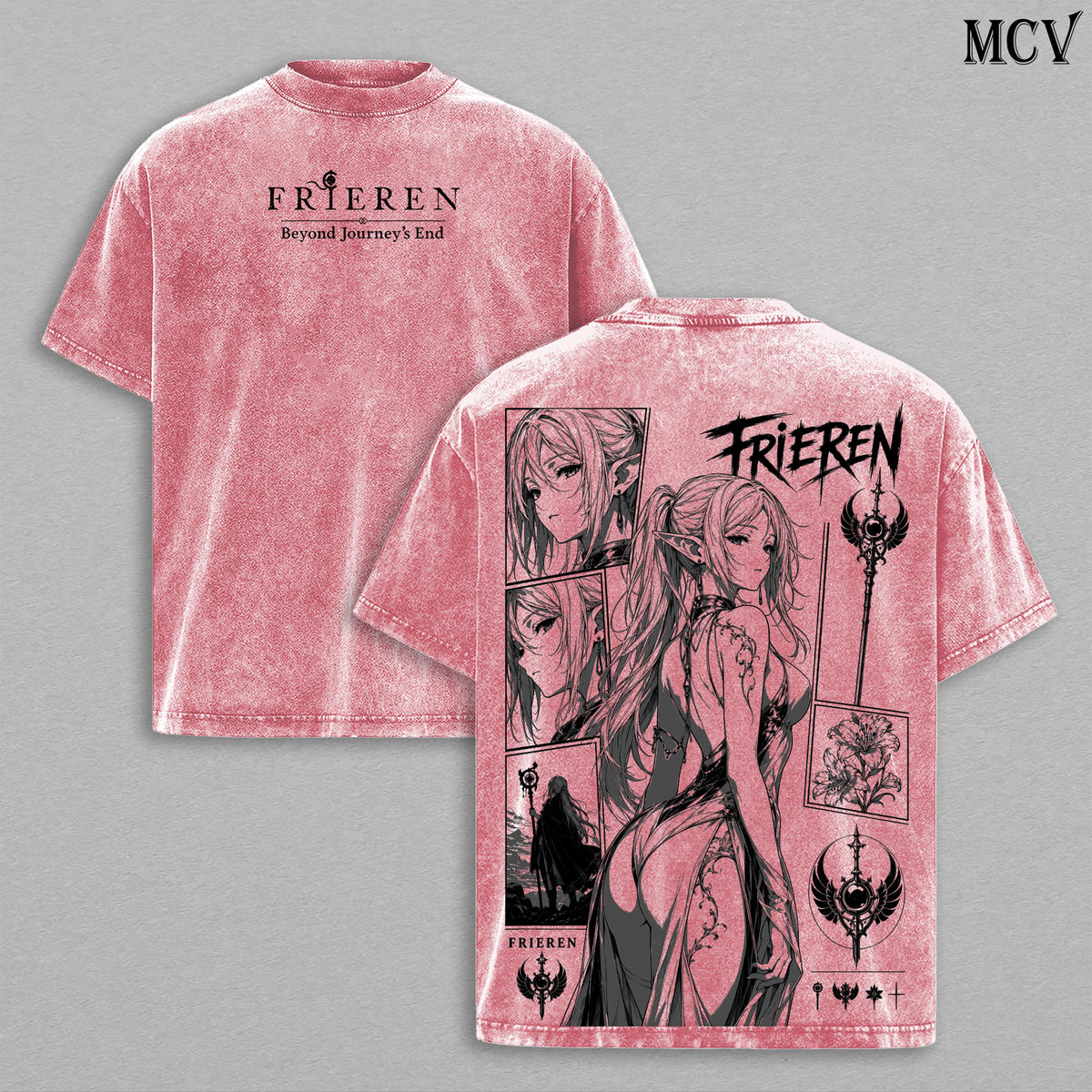 Frieren Beyond Journey's End Vintage Washed Tee, Frieren Elf Mage Gothic Tattoo Art, Dark Fantasy Anime Manga Graphic T-Shirt, Heavy Cotton Oversized Retro Streetwear, Unisex Fantasy Journey Merch