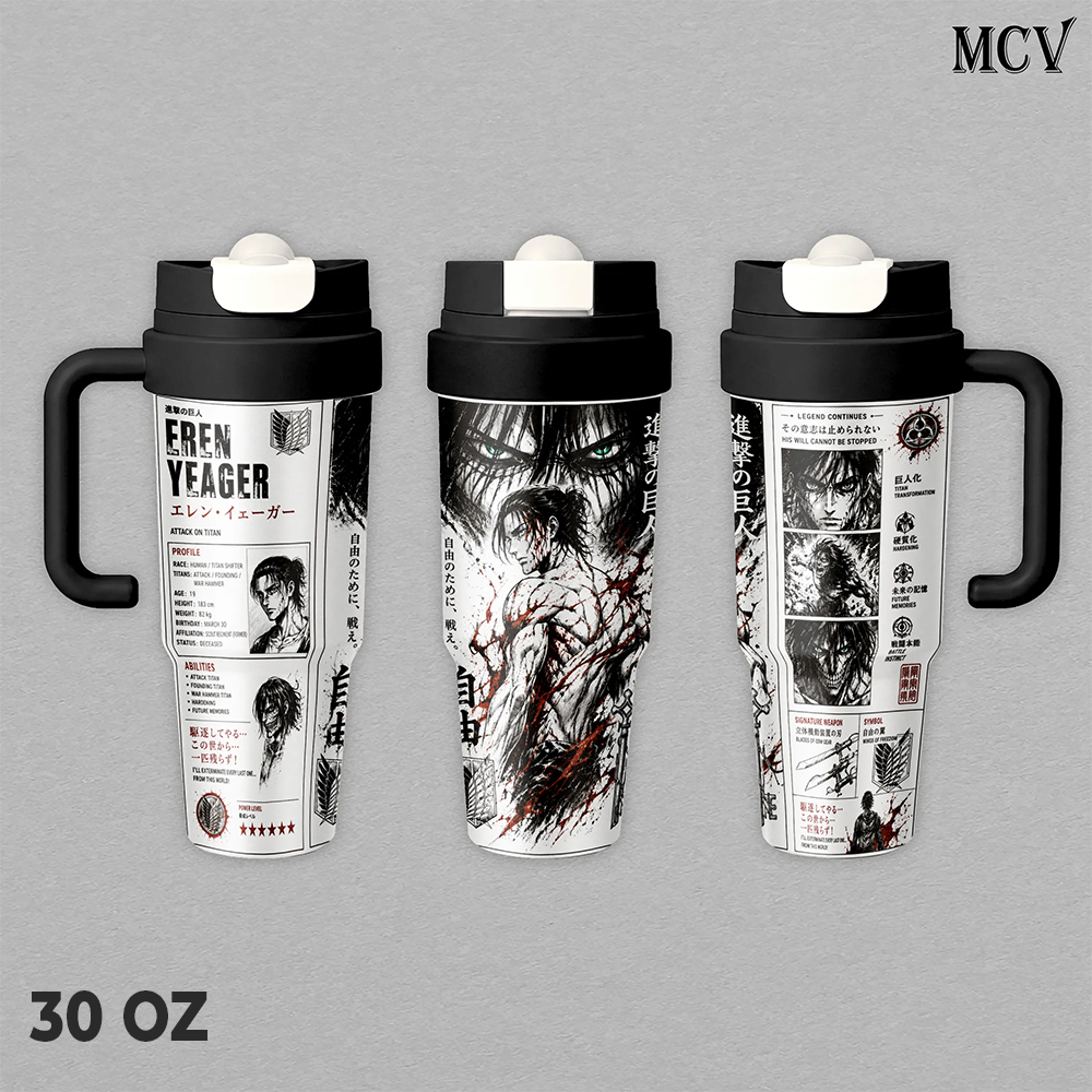 Eren Yeager Attack on Titan Tumbler 17oz 24oz 30oz, Premium Insulated Stainless Steel Travel Mug with Lid and Handle, Eren Yeager Anime Graphic Design, Reusable Coffee Water Cup, Gift for Attack on Titan Fans